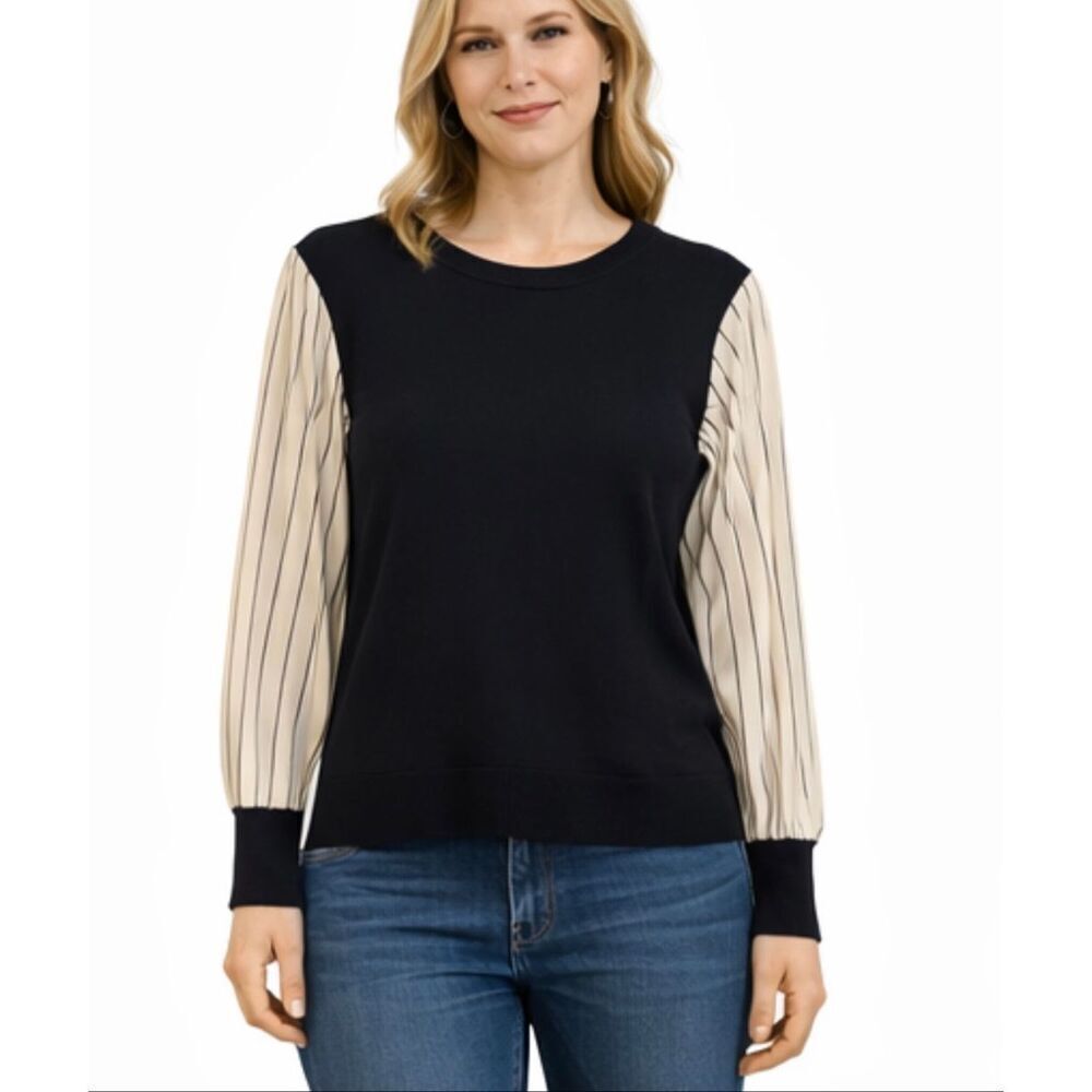 DKNY navy striped sleeve mixed media sweater blouse M
